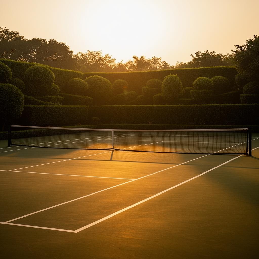 An elegant tennis court at golden hour